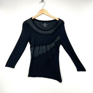 Sheer Black Asymmetrical Striped Top Women's 3/4 Sleeve Scoop Neck NY & Co Sz XS